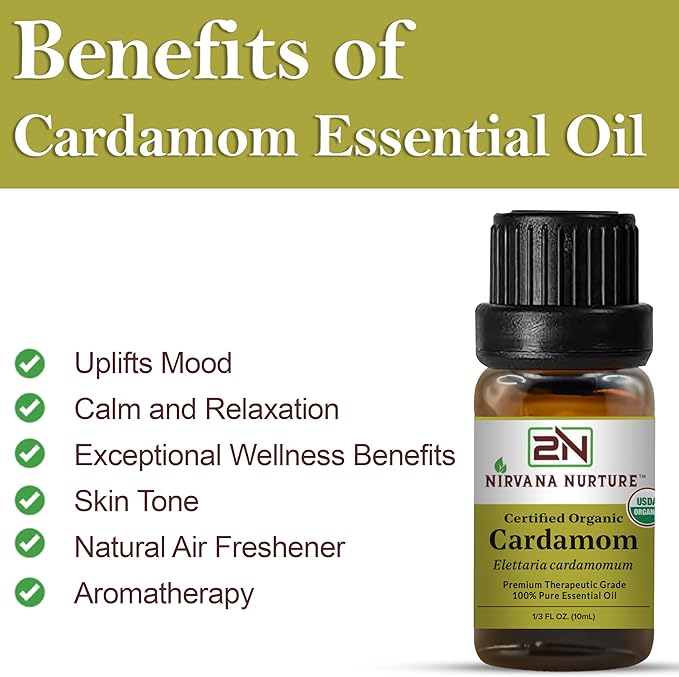 Cardamom Essential Oil USDA Certified Organic, 100% Pure Natural Premium Grade, Undiluted