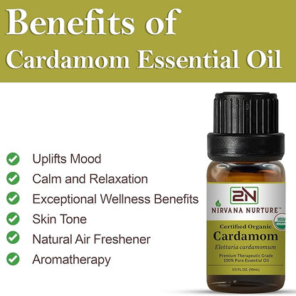Cardamom Essential Oil USDA Certified Organic, 100% Pure Natural Premium Grade, Undiluted