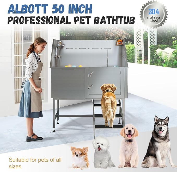Albott 50-Inch Stainless Steel Pet Washing Station with Stairs, Dog Bath Tub 3-Speed Showerhead, Removable Grates, Easy to Clean, L-Size (Right)