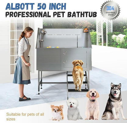 Albott 50-Inch Stainless Steel Pet Washing Station with Stairs, Dog Bath Tub 3-Speed Showerhead, Removable Grates, Easy to Clean, L-Size (Right)