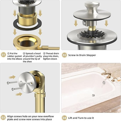 Brushed Nickel Bathtub Drain, Hair Catcher and 2-Hole Overflow Faceplate, 11.5/16 UNC, Lift and Turn Bathtub Drain Replacement, Tub Drain Stopper