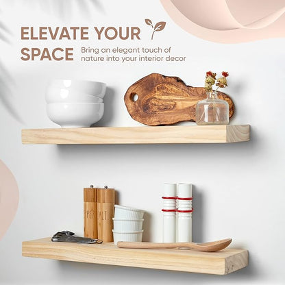 Homeforia 24 inch Wood Floating Shelves, High End Solid Natural Wood 24inch Floating Shelf for Wall, Unfinished Wooden 24 inches Floating Shelves, Heavy Duty Bracket, 24 X 6.5 X 1.75 in, Set of 3