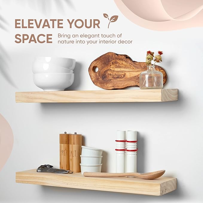 Homeforia 24 inch Wood Floating Shelves, High End Solid Natural Wood 24inch Floating Shelf for Wall, Unfinished Wooden 24 inches Floating Shelves, Heavy Duty Bracket, 24 X 6.5 X 1.75 in, Set of 4