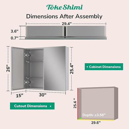TokeShimi 30 x 26 Silver Aluminum Medicine Cabinet Mirror for Bathroom Surface Mount or Recessed with Stepless Adjustable Shelves Modern Farmhouse