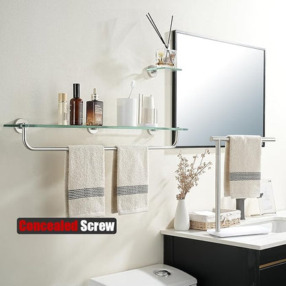 JQK Bathroom Glass Shelf, Shelf with 29 Inch Towel Bar Tempered Glass Shower Storage 30 by 5 inches, 304 Stainless Steel Brushed Finish Wall Mount, TGS100L30-BN