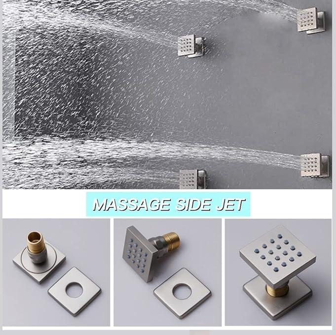 Brushed Nickel 4 Way Full Body Thermostatic Shower Faucet System 12 Inch Luxury Rain Shower System with Tub Spout, Handheld Shower and 6 PCS Body Jets Shower Fixtures