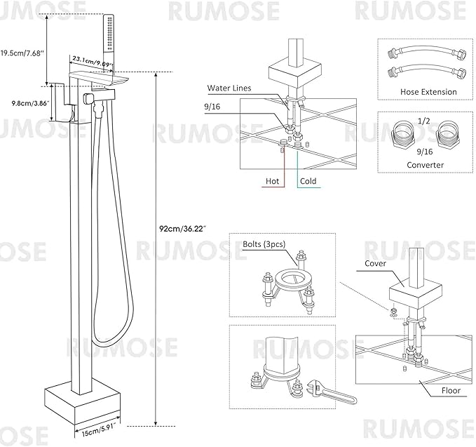 RUMOSE Matte Black Bathtub Filler Freestanding Tub Filler Floor Mount Tub Faucet Waterfall Free Standing Bathtub Faucet High Flow Brass Bath Shower Faucets with Handheld Sprayer