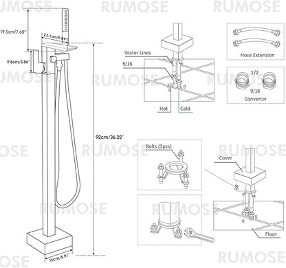 RUMOSE Matte Black Bathtub Filler Freestanding Tub Filler Floor Mount Tub Faucet Waterfall Free Standing Bathtub Faucet High Flow Brass Bath Shower Faucets with Handheld Sprayer