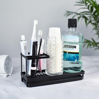 MYITYARD Toothbrush Holders for Bathrooms, 4 Slots Rustproof Metal Tooth Brushing Organizer with Drainage, Electric Tooth Brush Toothpaste Holder for Bathroom Countertop, Black