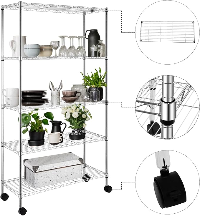 5 Tier Storage Racks Shelving, Heavy Steel Pantry Shelves, Adjustable Wire Shelving Rack with Wheels, Suitable for Garage, Kitchen, Bathroom, Office, 35" W x 14" D x 65" H, Chrome
