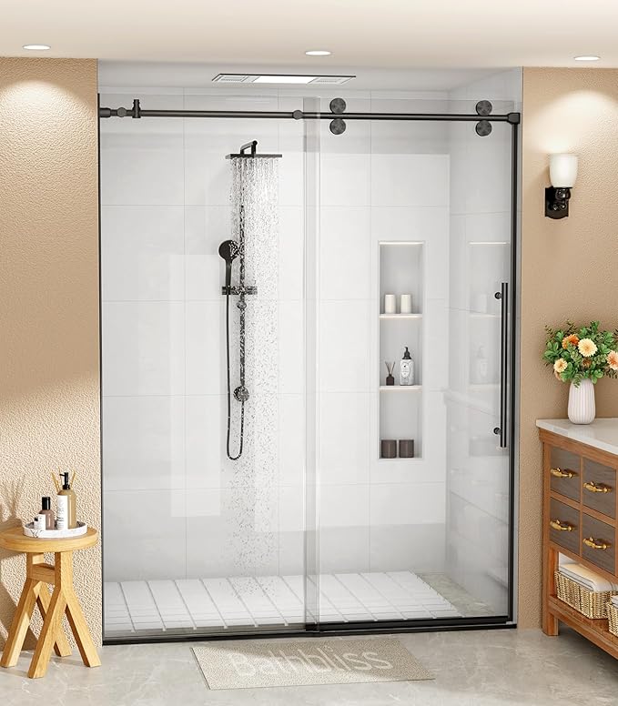 Bathbliss Glass Shower Door 44"-48" Wx76 H,Frameless Sliding Glass Door with 5/16"(8mm) Tempered Glass Shower with Matte Black Finish