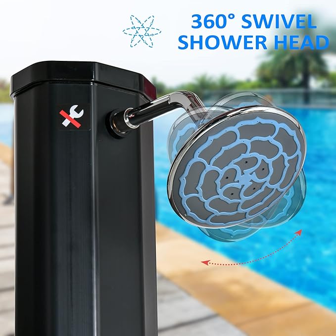 Outdoor Pool Shower Solar Heated, 9.3 Gallon Garden Pool Shower w/ 360° Swivel Shower Head and Foot Shower Tap, for Outdoor Backyard Poolside Beach Pool Spa