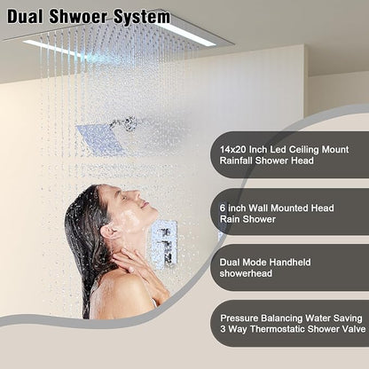 Rain Shower Head System with 14x20 Inch Ceiling Mount LED Head & 6 Inch Wall Head and Handheld Shower 3 Way Pressure Balance Valve Kit,Polished Chrome