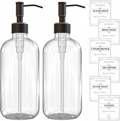 2 Pack Clear Glass Soap Dispenser 16 OZ with Oil Rubbed Bronze Stainless Steel Pump, Hand and Dish Soap Dispenser Set for Bathroom and Kitchen Sink with 6 Waterproof Labels