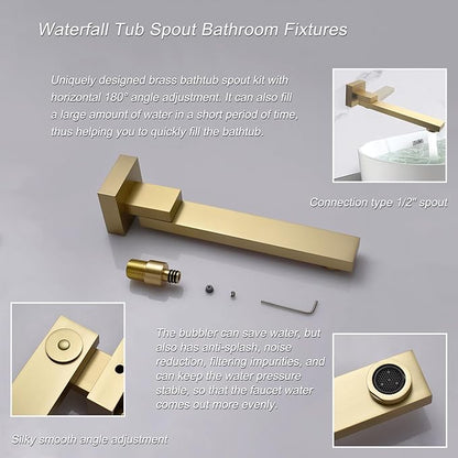Thermostatic Brushed Gold Shower System with Tub Spout Shower Faucet Set 12 Inch Wall Mounted LED Full Body Rain Shower System with Body Jets, Handheld Spray, Brass Shower Valve