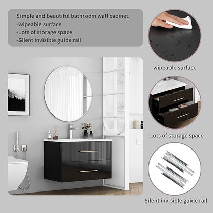 30" Wall Mounted Bathroom Vanity with Sink, High Gloss Black Floating Cabinet, Modern Gold Handles, Soft Close Doors, Integrated Ceramic Top for Powder Room