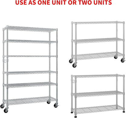 6 Tier Storage Racks Shelving, Heavy Steel Pantry Shelves, Adjustable Wire Shelving Rack with Wheels, Suitable for Garage, Kitchen, Bathroom, Office, 46" W x 18" D x 82" H, Chrome