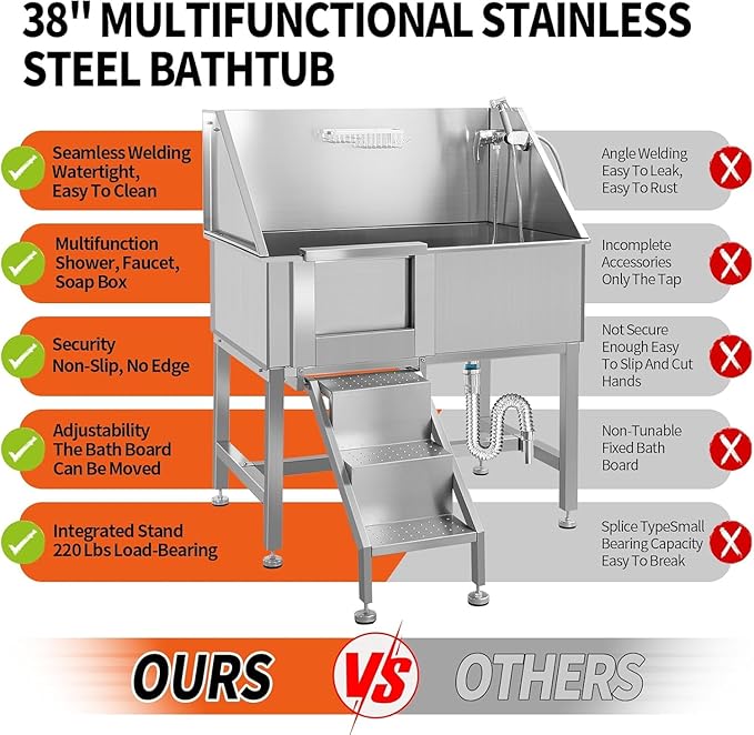 38" Professional Dog Wash Station, Stainless Steel Dog Grooming Tub for Large, Medium & Small Pets - with Anti-Slip Stairs, Drain & Door, Silver