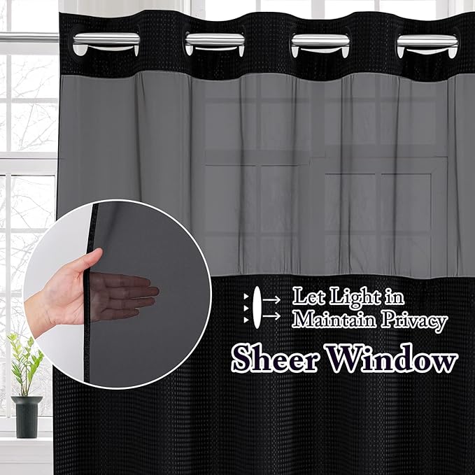 Gibelle Extra Long Shower Curtain 72x86, Waffle Weave Bathroom Shower Curtain with Snap-in Fabric Liner Set, No Hooks Needed, Hotel Style with Mesh Top Window, Black