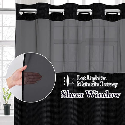Gibelle Stall Small Shower Curtain 36x74, Waffle Weave Shower Curtain with Snap-in Fabric Liner Set, No Hooks Needed, Hotel Style with Mesh Top Window, Black