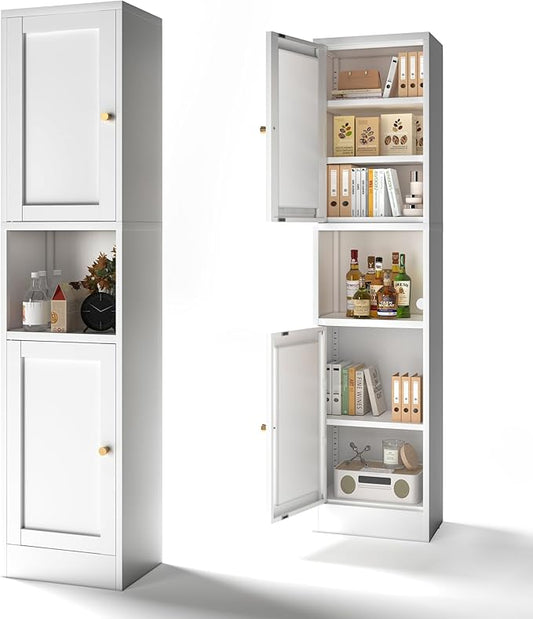 COFaR 67" Tall Metal Bathroom Storage Cabinet,6-Tier Freestanding Linen Tower with 2 Doors,Narrow Slim Metal Locker Storage Cabinet for Small Spaces,Modern,White