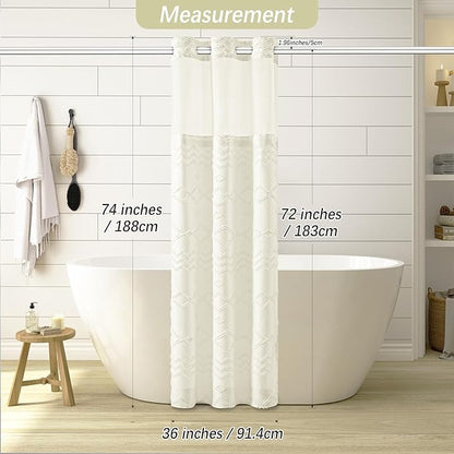 No Hooks Stall Shower Curtain with Snap in Liner- Water Repellent Tufted Chevron Striped Shower Curtains for Bath Tubs, Narrow Hotel Quality Bath Curtain Set, 36Wx74H, Beige
