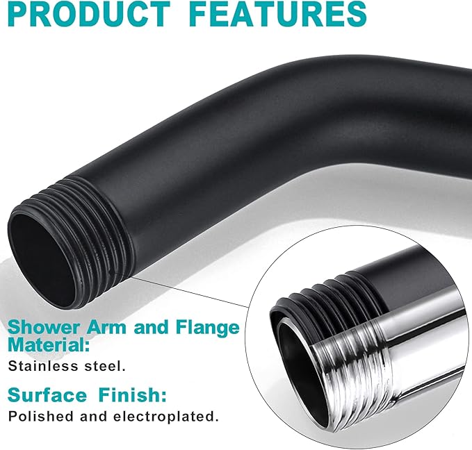 BESTILL Wall Mounted 8 Inch Shower Head Arm, Shower Arm and Flange Included, Matte Black