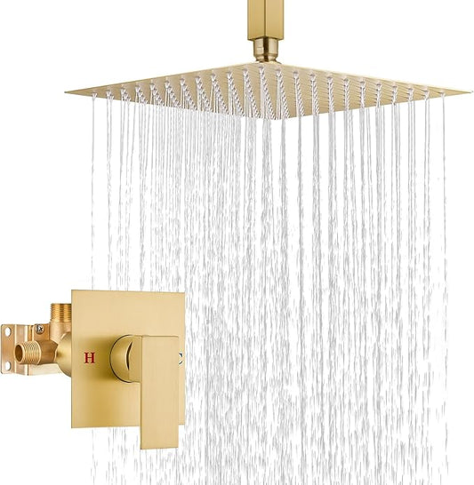 Airuida Shower Faucet Set and Handle Set Single Function Shower Trim Kit Ceiling Mount Rainfall Shower System with Male Threads and Rough-in Valve 10 Inch Square Shower Head Brushed Gold