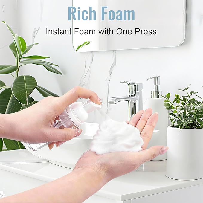 5 Pack 2 oz Travel Foam Pump Bottle, 60 ml Foam Dispenser, Clear PET Foaming Pump Bottle for Hand Soap, Shampoo, Hair Mousse, Self-Tanner, Facial Cleansers (5, Transparent)
