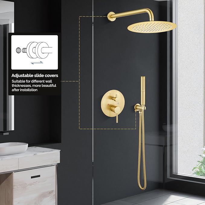 Airuida Shower Fixtures 2 Functions Shower Faucet Set Wall Mounted for Bathroom High Pressure Brass Handheld Shower with Rough-in Valve Round Rainfall 12 Inch Shower Head Brushed Gold