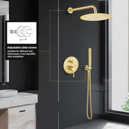 Airuida Shower Fixtures 2 Functions Shower Faucet Set Wall Mounted for Bathroom High Pressure Brass Handheld Shower with Rough-in Valve Round Rainfall 12 Inch Shower Head Brushed Gold