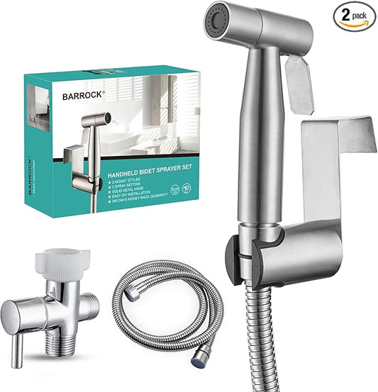 BARROCK Handheld Bidet Sprayer for Toilet, 2 Pack Stainless Steel Metal Made Baby Cloth Diaper Spraying Kit, Bathroom Toilet Bidet Attachment Set for Bathing Pets and Feminine Hygiene, Brushed Nickel