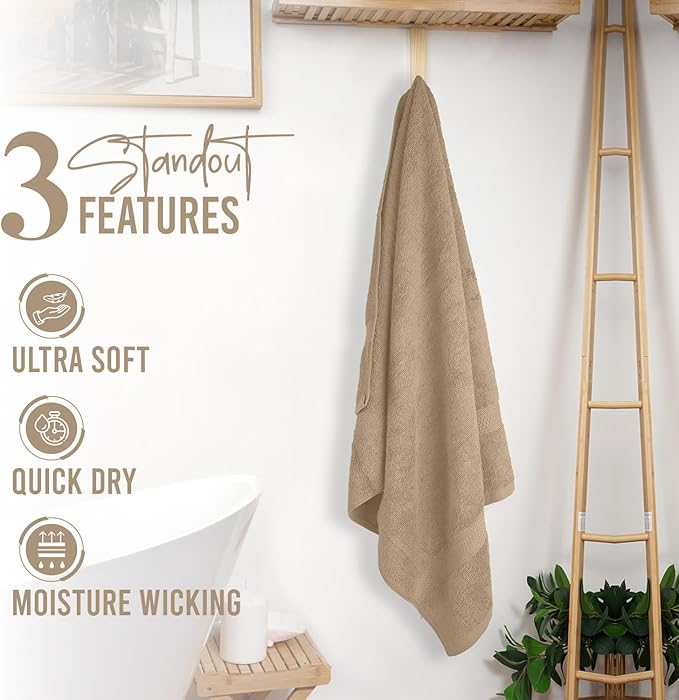 RIVERSIDE 100% Ring Spun Cotton Large Bath Towels Set of 4, 27 x 54 Inches – Quick Dry, Soft & Highly Absorbent Towels for Shower & Bathroom – Luxury 600 GSM Towels for Home, Spa, Gym, Hotel, Tan