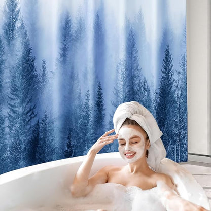 ORTIGIA 84 Inch Extra Wide Blue Misty Forest Shower Curtain for Bathroom, Nature Woodland Shower Curtain Set with Hooks, Decorative Pine Tree Fog Magic Bath Curtain, Waterproof Fabric, 84x72