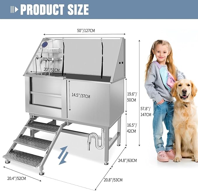 50" Professional Dog Wash Station, Stainless Steel Dog Grooming Tub for Large, Medium & Small Pets - with Anti-Slip Stairs, Drain & Door, Silver