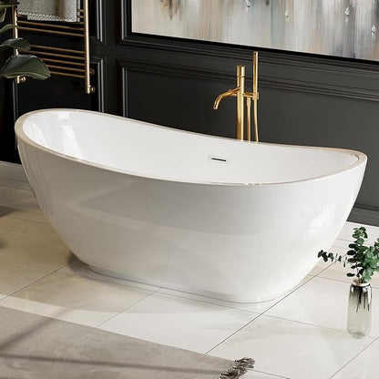 Empava 69 Inch Freestanding Bathtub - Acrylic Free Standing Soaking Tubs with Contemporary Design, White