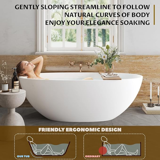 GarveeLife Freestanding Solid Surface Bathtub 65 Inch – Matte White Stone Stand Alone Soaking Tub with Ergonomic Curves, Deep Modern Bathtub for Luxury Main Bathroom