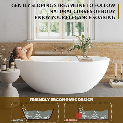 GarveeLife Freestanding Solid Surface Bathtub 65 Inch – Matte White Stone Stand Alone Soaking Tub with Ergonomic Curves, Deep Modern Bathtub for Luxury Main Bathroom