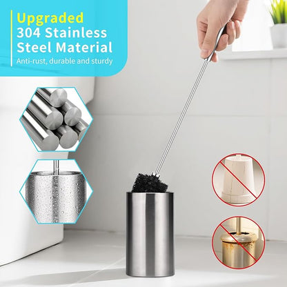 Toilet Bowl Brush and Holder Solid Long Handle Toilet Brush for Bathroom with Heavy Duty 304 Stainless Steel Base and 2 Brush Heads for Domestic Deep Cleaning Under Rims (Silver 1)