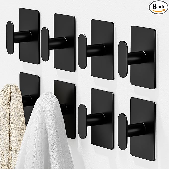 pickpiff Adhesive Towel Hooks for Bathroom: 20LB Extra Strong Wall Hanger for Shower Kitchen RV Dorm Apartment, Black 8 Pack
