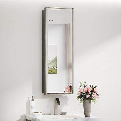 TokeShimi 12x36 Recessed Medicine Cabinet with Mirror Surface Mount, Bathroom Beveled Mirror with Storage Adjustable, Aluminum Framed Metal Brushed Nickel Medicine Cabinet Mirrored