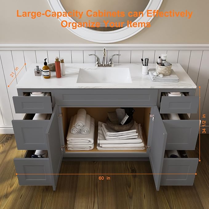 ROOMTEC 60'' Shaker Gray Bathroom Vanity Cabinet with 6 Drawers and 2 Doors, Soft-Close Hinge and Drawer Slides, 144 Pounds, 60"W x 34.5"H x 21"D