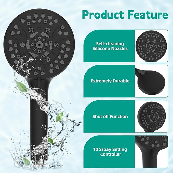 Hibbent Filtered Shower Head with Handheld, High Pressure 10 Spray Showerhead with Filters, Water Softener for Hard Water-Remove Chlorine, Reduces Dry Itchy Skin, Improve Skin& Hair Texture, Black