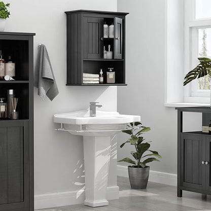 Treocho Wood Wall Cabinet Bathroom Medicine Cabinet Storage with Doors and Adjustable Shelf Wall Mount for Bathroom, Livingroom, Kitchen, Cupboard, Black