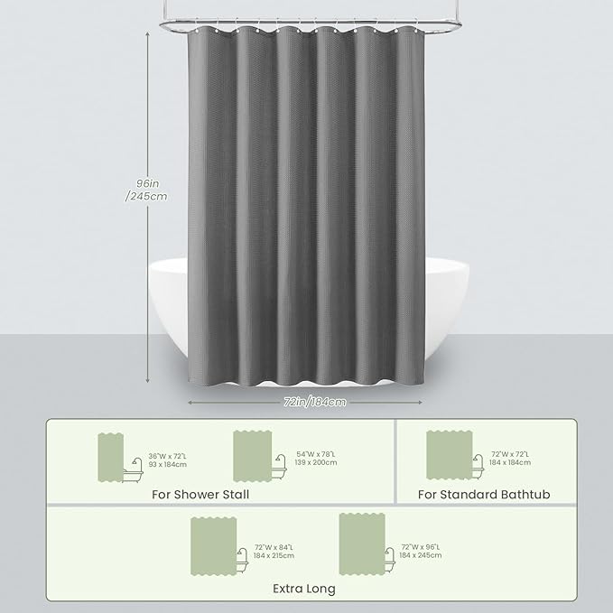 Inhousolu Fabric Shower Curtain Waffle Weave, 230 GSM Heavy Duty, Weighted Hem, 14 Metal Hooks, Water Repellent, Machine Washable, Hotel Spa Luxury Bath Curtain Set, 72 x 96 Inch, Grey