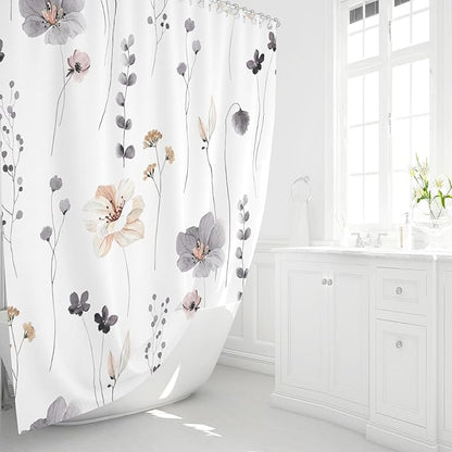 Gibelle Watercolor Floral Shower Curtain 72x72 Inch, Charcoal Grey Beige Flower Modern Minimalist Fabric Bathroom Decorative