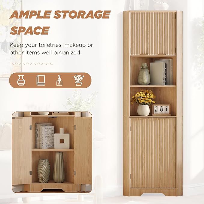 Fameill Tall Corner Cabinet with 2 Doors and 2 Open Storage Shelves, 68” Corner Storage Cabinet with Fluted Door Design, Home Space Saver for Living Room, Bathroom, Kitchen, Laundry, Natural Oak Color