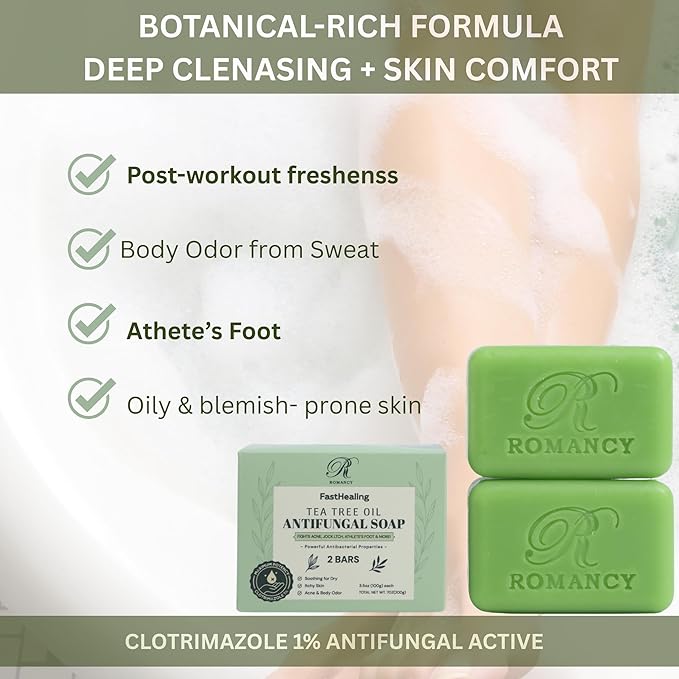 Romancy Tea Tree Antifungal Soap Bar for Face & Body, Antifungal & Antibacterial Cleansing Bars, Helps Control Body Odor, For Acne-Prone & Itchy Skin, Gift Ready, 2-Pack Christmas Gift