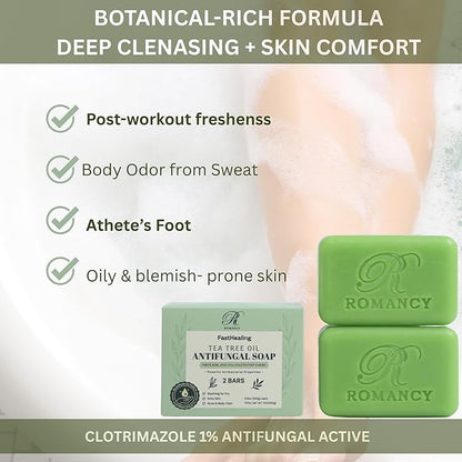 Romancy Tea Tree Antifungal Soap Bar for Face & Body, Antifungal & Antibacterial Cleansing Bars, Helps Control Body Odor, For Acne-Prone & Itchy Skin, Gift Ready, 2-Pack Christmas Gift