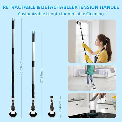 White Electric Spin Scrubber, Cordless Spin Scrubber with 8 Replaceable Brush Heads, Electric Scrub Brush with Adjustable Extension Handle, Electric Cleaning Brush for Bathroom, Tile and Bathtub